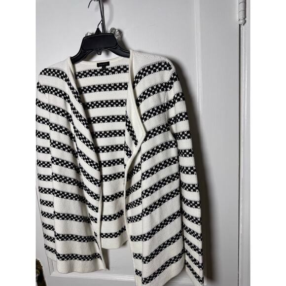 Talbots Black White Striped Chunky Rolled Neck Open Cardigan Sweater Small Chic - Picture 2 of 8